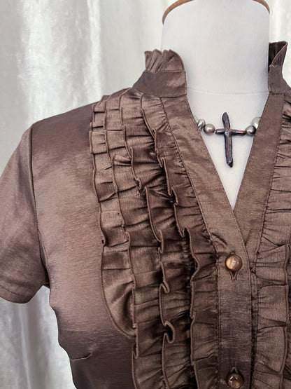 Shiny brown 00's ruffle shirt 🪽