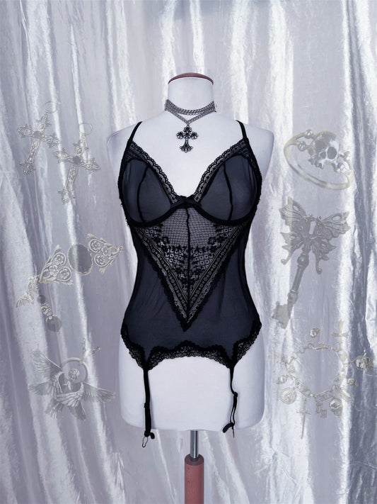 Hot black mesh lingerie corset top 🕸️