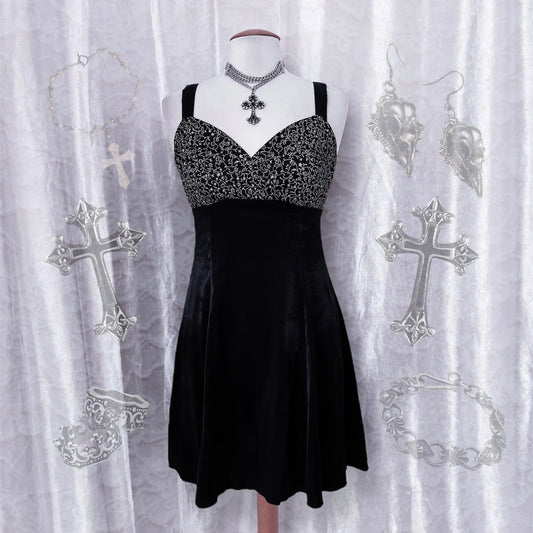 Vintage Elfio silky black gothic dress 🦇