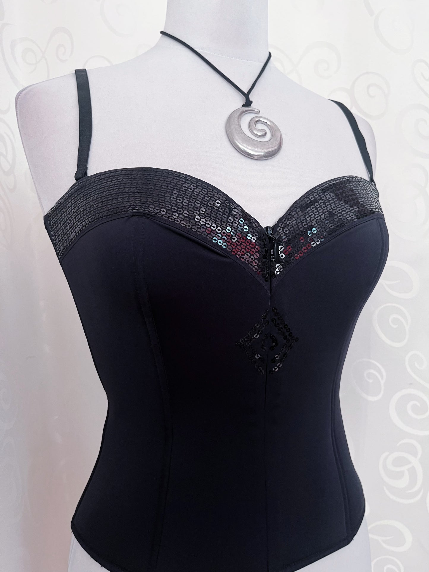 Iconic sequin zip-up black corset 🦇