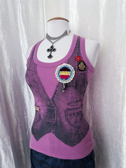 00’s pink woman tank top with vest print & patches