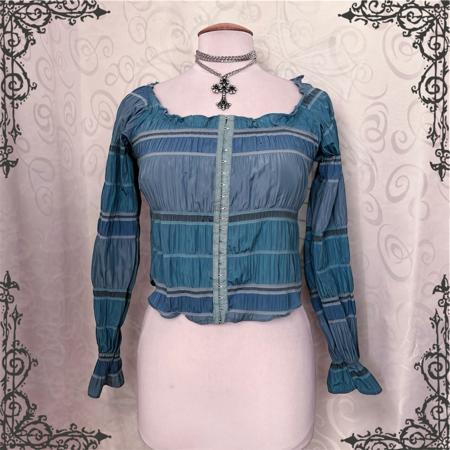 00’s deadstock blue mermaid coquette shirt that closes with metal hooks 💜🌀