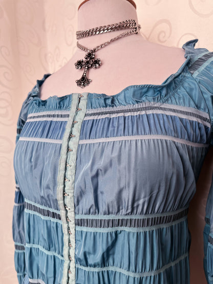 00’s deadstock blue mermaid coquette shirt that closes with metal hooks 💜🌀