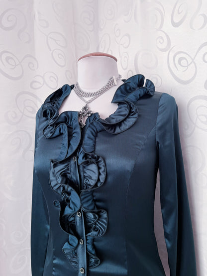 00’s Jirai Kei dark teal ruffle satin shirt 🌀🍃
