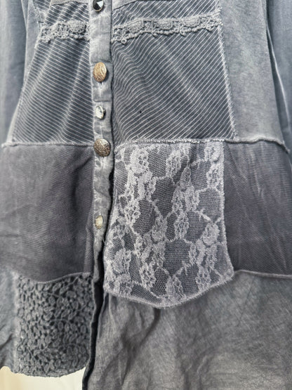00’s whimsygoth patchwork grey jacket with lace details 🦇🗝️🦋