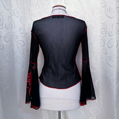 00’s Dark Star gothic mesh tribal print top with bell sleeves 🫀❤️