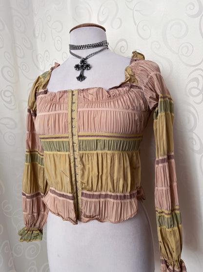 00’s deadstock colorful coquette shirt that closes with metal hooks 💜🌀