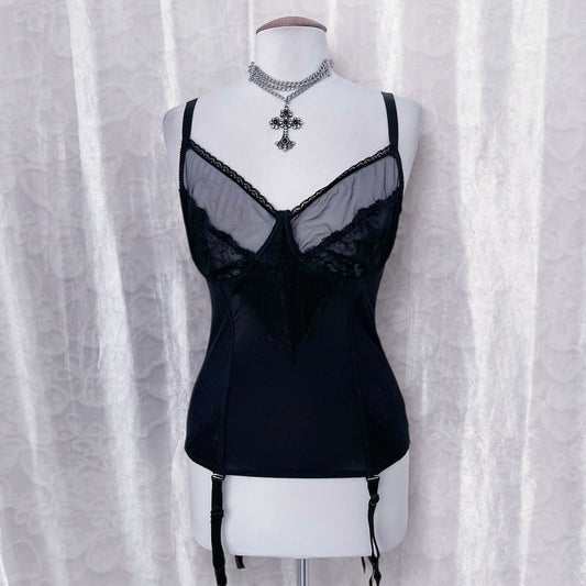 Gothic black corset top with lace & garters detail 🦇🗝️