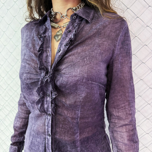 00’s whimsygoth see-through purple ruffle shirt 💜🌀