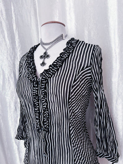 Gothic striped mesh shirt with ruffles details 🌀🦇