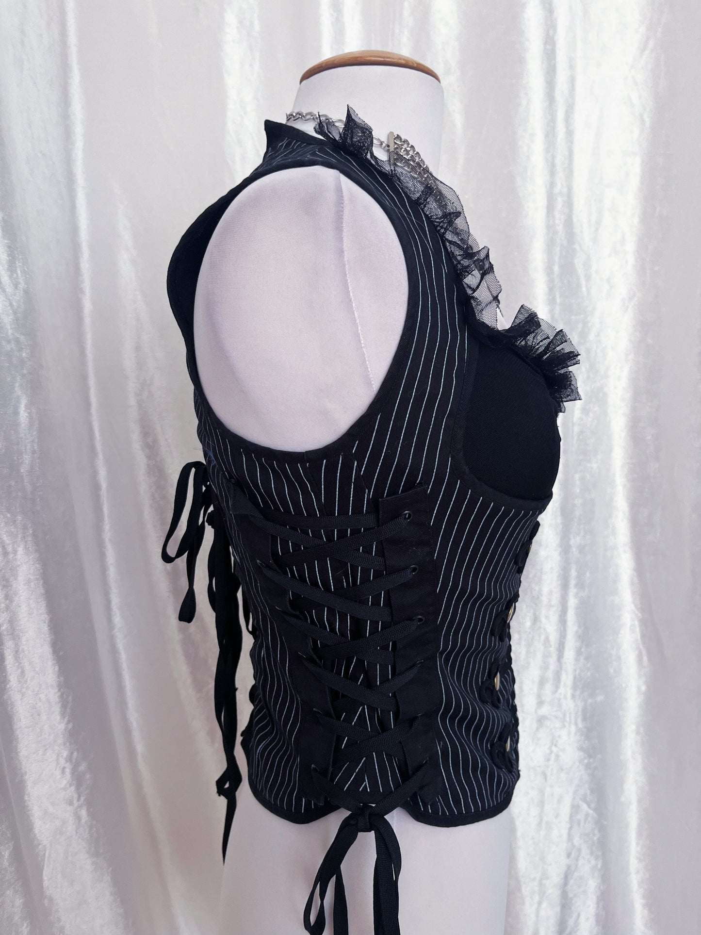 Spin Doctor gothic vest striped cotton corset with lace-up details 🦇