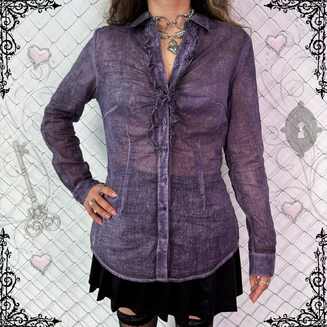 00’s whimsygoth see-through purple ruffle shirt 💜🌀