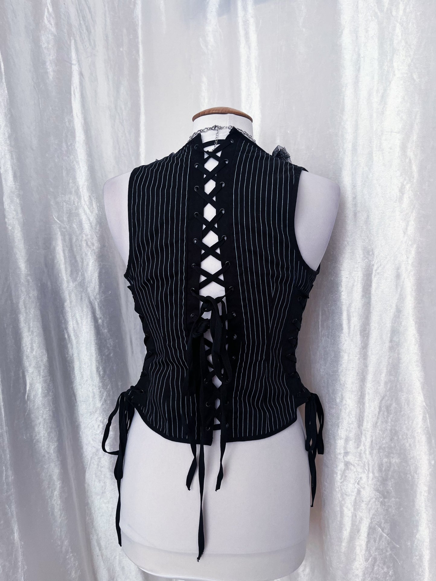 Spin Doctor gothic vest striped cotton corset with lace-up details 🦇