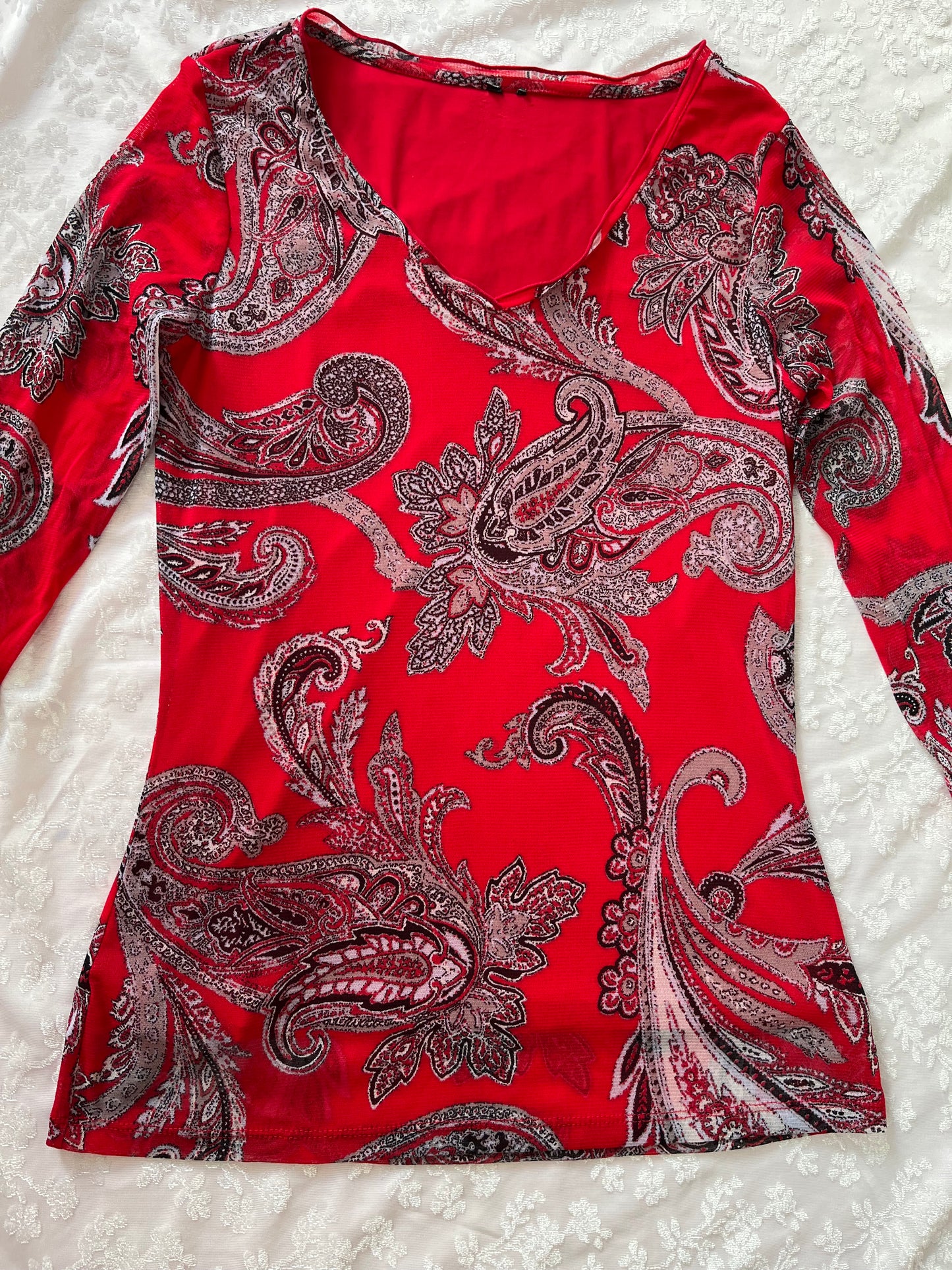 Y2k paisley pattern red mesh top 🦋