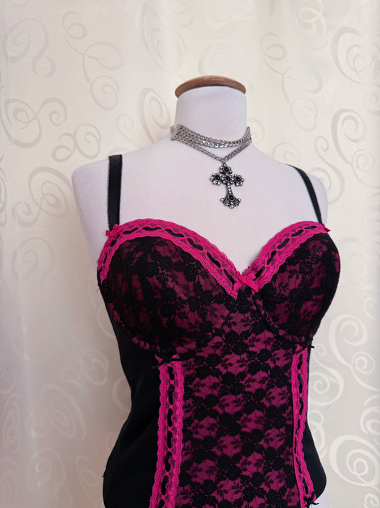 Dark Coquette black & pink lacey & mesh corset top 🎀🦇