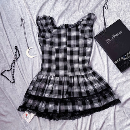 Dark Coquette / Jirai Kei style puffy layered tartan top with lace details 🕷️🎞️