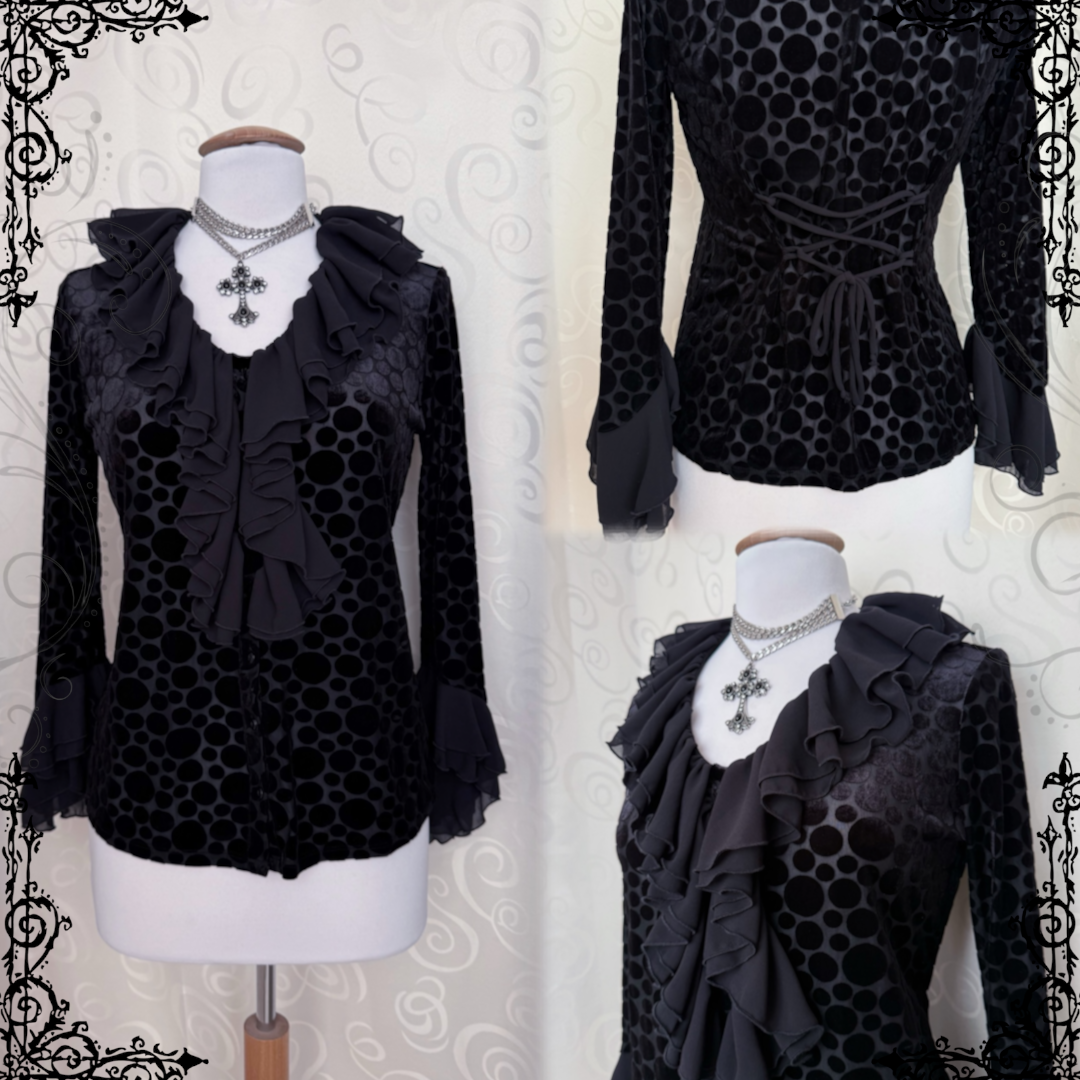 00’s Gothic mesh velvet polka dot shirt with ruffle & lace-up details 🦇
