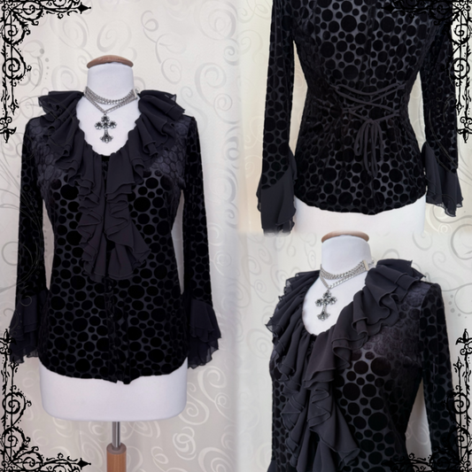 00’s Gothic mesh velvet polka dot shirt with ruffle & lace-up details 🦇