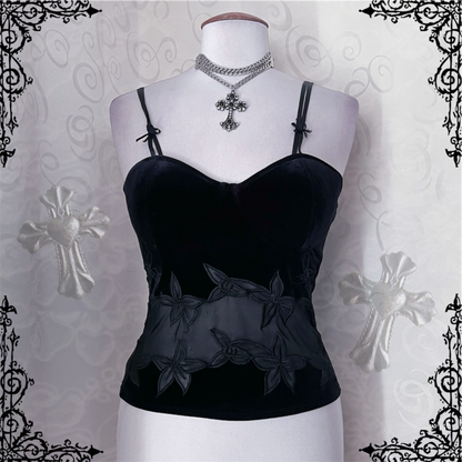 00’s Whimsygoth black velvet corset with mesh & embroidered detail 🖤🌀
