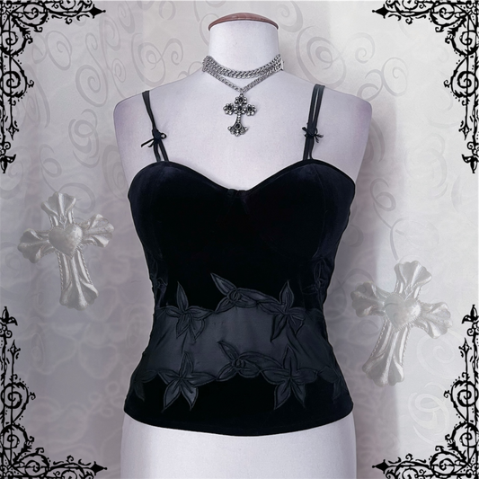 00’s Whimsygoth black velvet corset with mesh & embroidered detail 🖤🌀