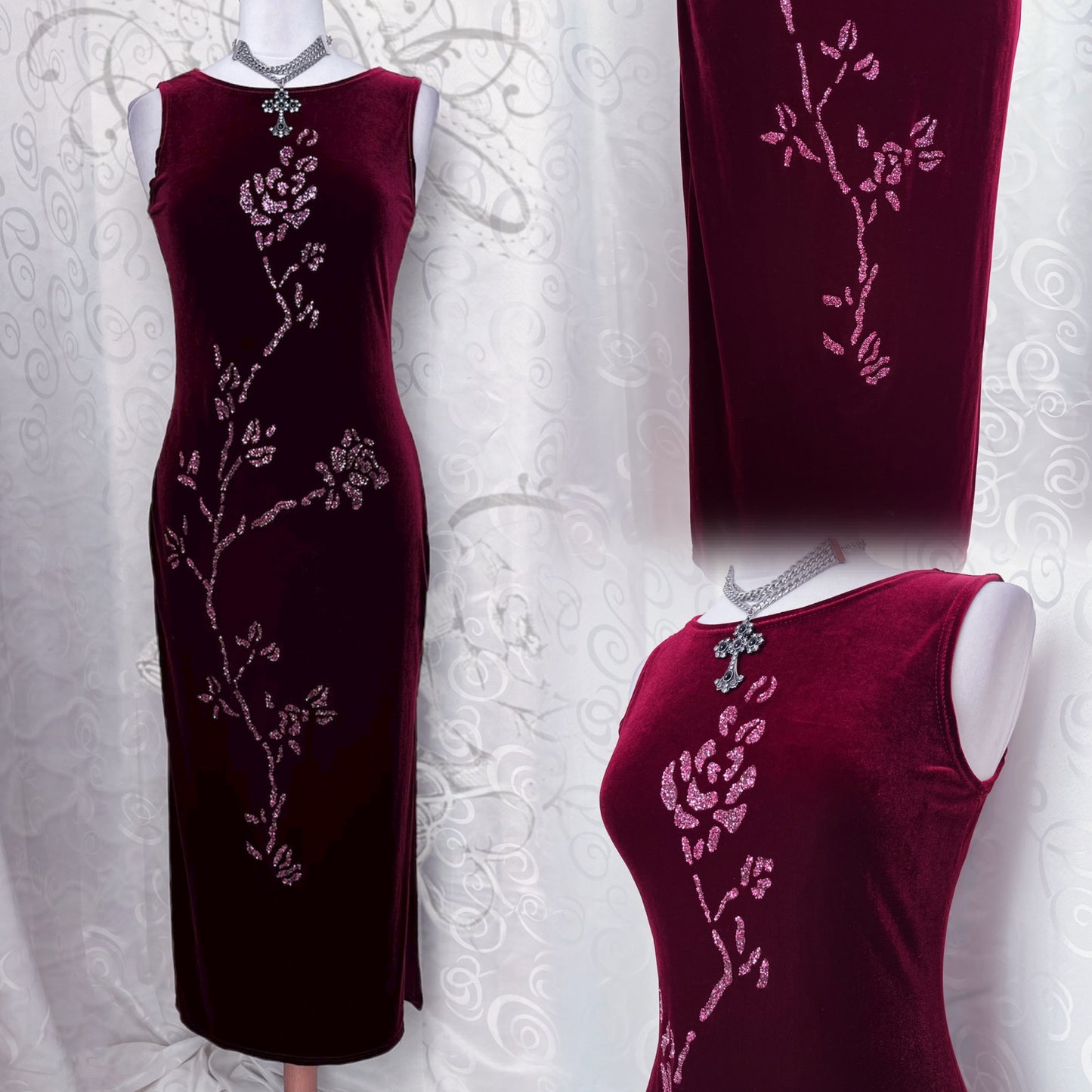 00’s whimsygoth burgundy velvet dress with embossed strass detail ❤️🌺