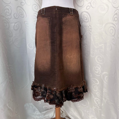 00’s whimsy denim brown skirt with lace & velvet details 🐌🌀