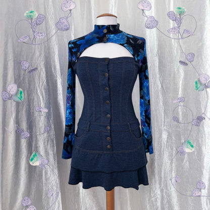 00’s AMNESIA cute denim dress with floral shoulder sleeves & turtleneck 🪻🪽