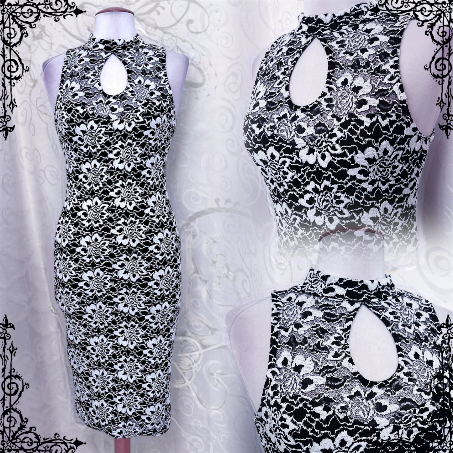 00’s Lipsy asian style Qipao black & white embroidered dress 🐇🕷