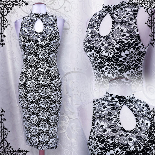 00’s Lipsy asian style Qipao black & white embroidered dress 🐇🕷