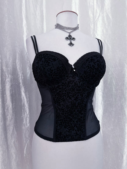 Gothic black mesh corset with velvet embossed details 🕸️