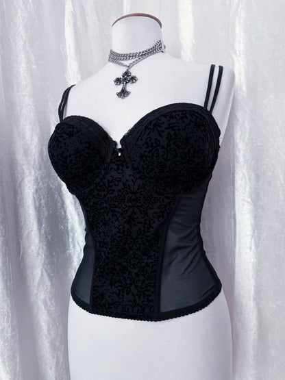Gothic black mesh corset with velvet embossed details 🕸️