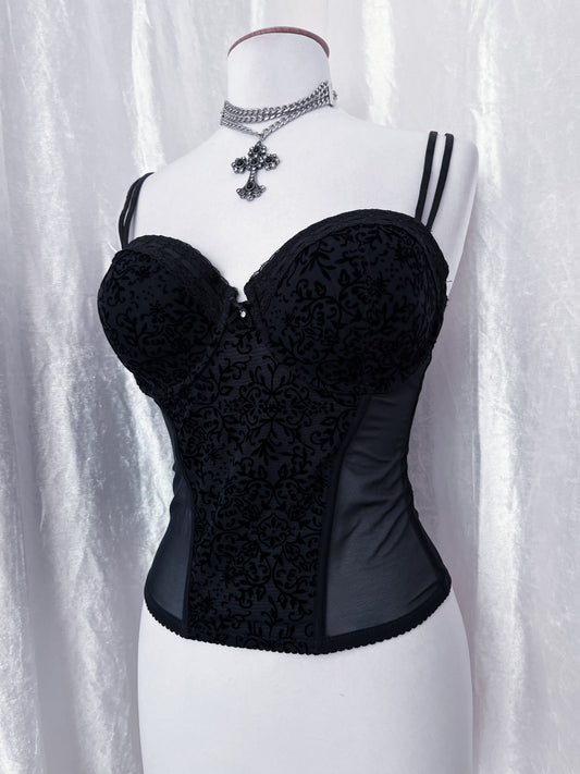 Gothic black mesh corset with velvet embossed details 🕸️