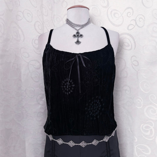00’s whimsygoth black velvet top with embroidered & cutout details 🔮✨