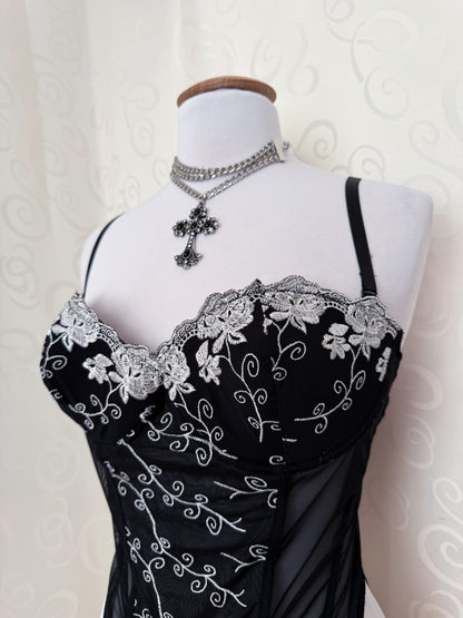 Whimsygoth mesh corset with spiral embroidered detail 🌀🗝️