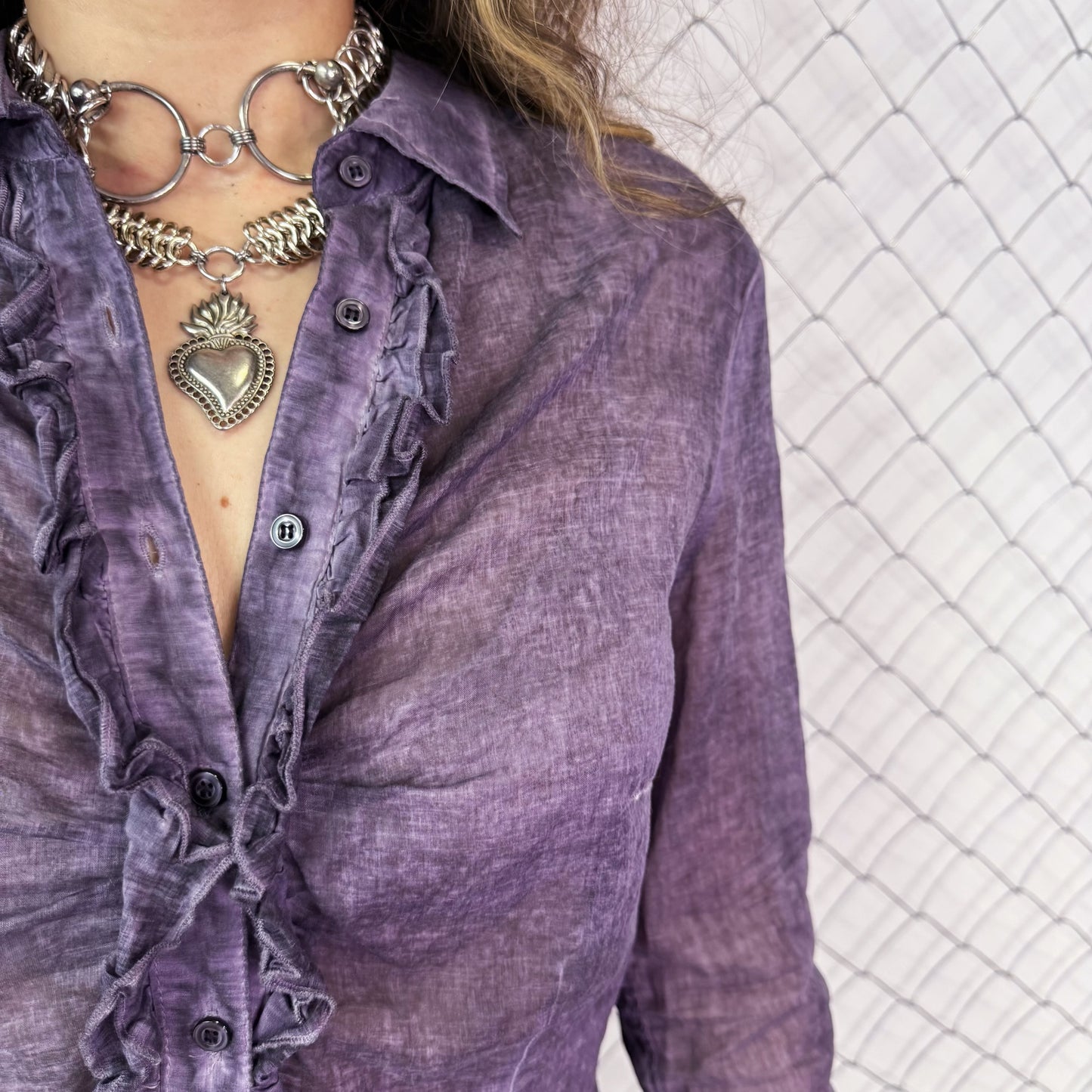 00’s whimsygoth see-through purple ruffle shirt 💜🌀