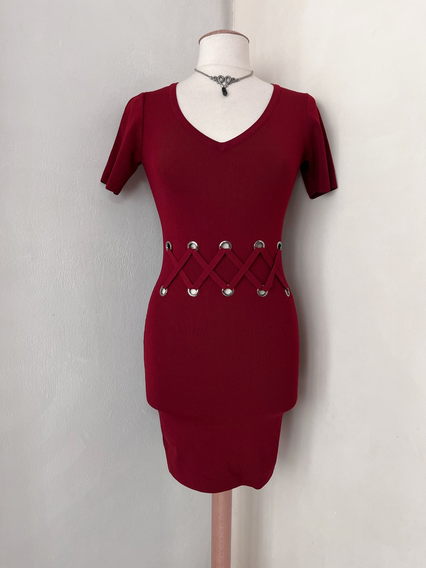 Morgan De Toi hot red fitting dress with lace up detail