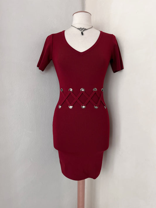 Morgan De Toi hot red fitting dress with lace up detail
