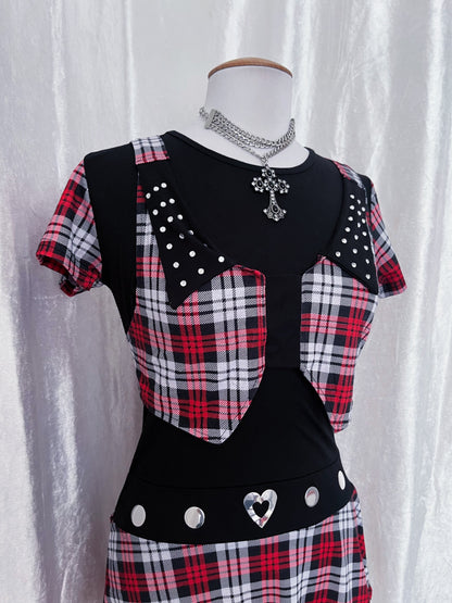 Emo/Alt plaid tunic top with vest detail ❣️