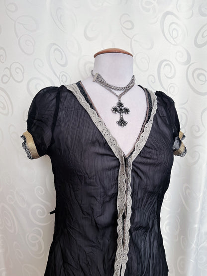 Dark coquette/Gothic mesh shirt with beautiful ruffle details🕷️🎞️