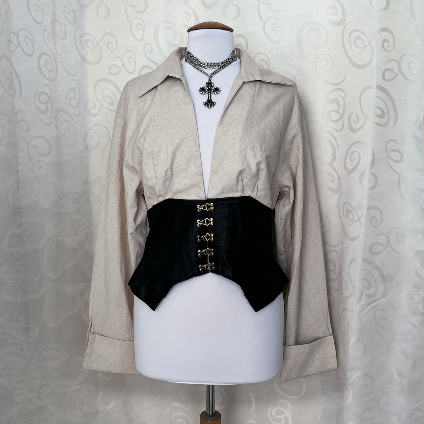 Modern gothic linen shirt with faux leather corset detail 🖤