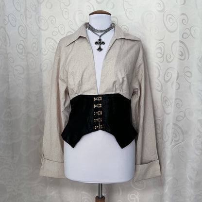 Modern gothic linen shirt with faux leather corset detail 🖤
