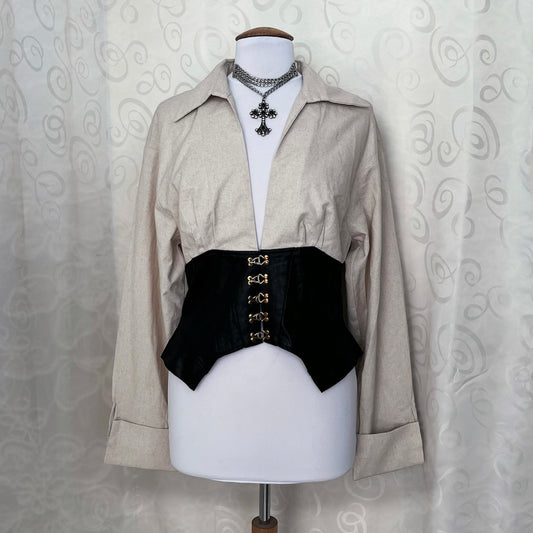 Modern gothic linen shirt with faux leather corset detail 🖤