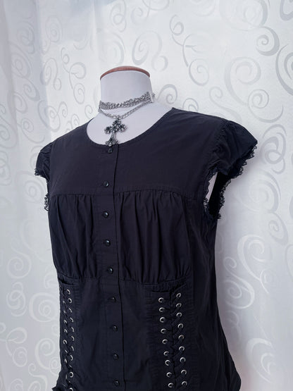 00’s gothic black cotton shirt with lace-up details 🦇🕷️