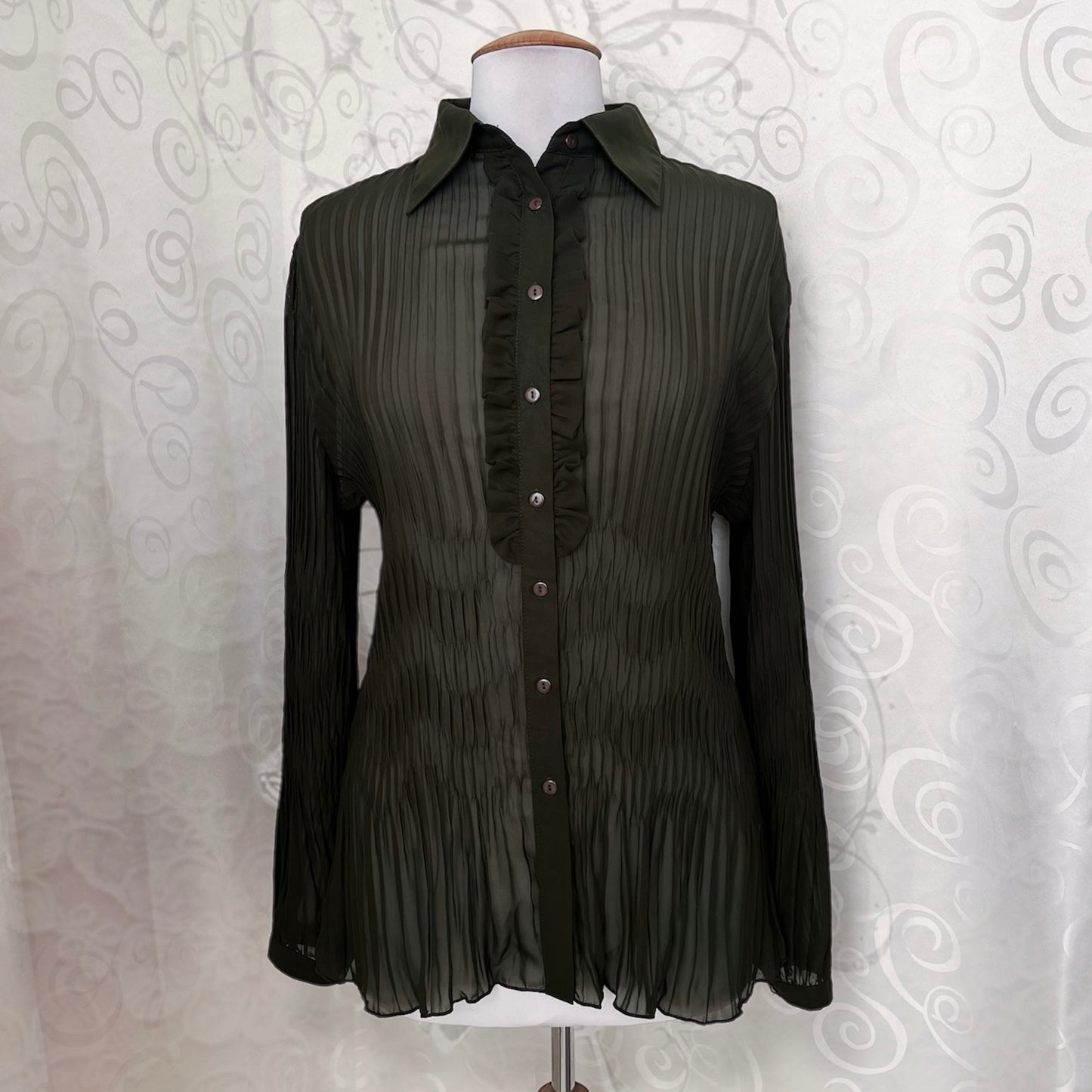 00’s whimsy victorian style mesh olive ruffle shirt 🕷️🌀