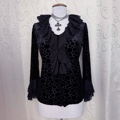 00’s Gothic mesh velvet polka dot shirt with ruffle & lace-up details 🦇