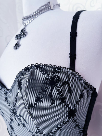 00’s dark coquette grey corset with bow print & embroidery details 🎀