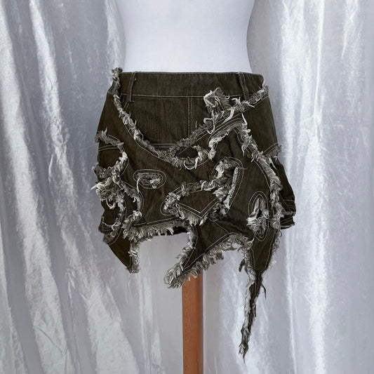 Rare Lalune HADES low-waist extra mini denim skirt with frayed edges bat wings layer 🦇