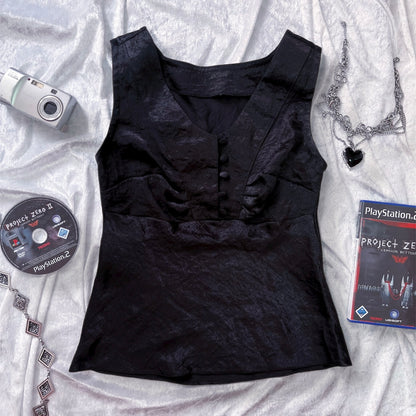00’s Horror Protagonist / Dark coquette satin black top 🗝️🎞️