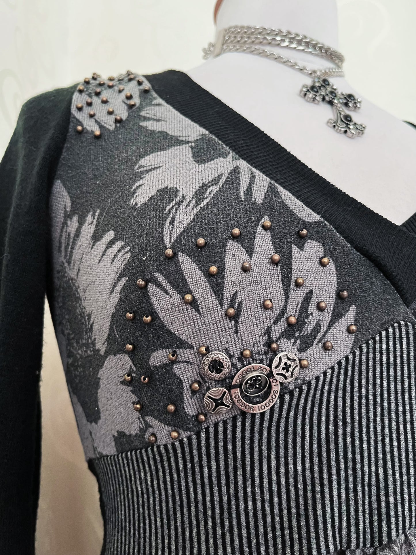 00’s whimsy/steampunk grey patchwork dress with print, beaded & charm details ⚙️🕷️