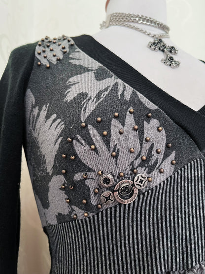 00’s whimsy/steampunk grey patchwork dress with print, beaded & charm details ⚙️🕷️